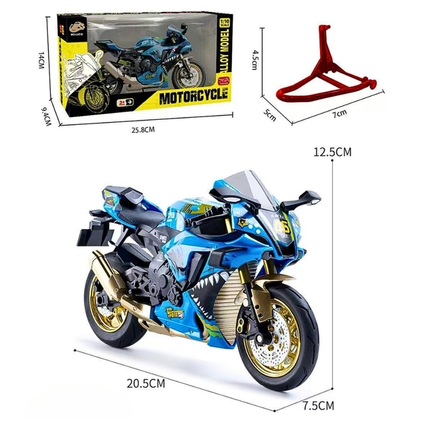 Mô Hình xe máy Yamaha cá mập xanh dương 1:10 Hợp kim - Có tiếng - đèn pha sáng - Dài 20.5cm - rộng 7.5cm - cao 12.5cm - nặng ~ 500gram - FULL BOX : box màu SKU : oto457 - K65-T5-S6