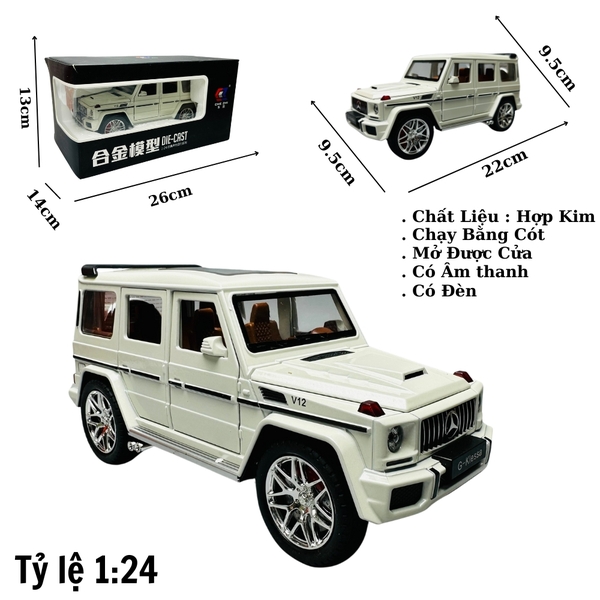 Mô Hình Xe G63 trắng 1:24 Hợp kim có thể mở cửa - bánh sau chạy cót - Có tiếng - đèn pha sáng - Dài 22cm - rộng 9.5cm - cao 9.5cm - nặng ~ 1000gram - FULL BOX : box màu SKU : oto137 -n3-k7-t2-s3