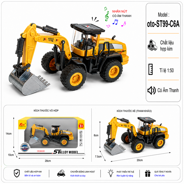 Mô Hình Xe Máy Xúc , tỉ lệ 1:50, chất liệu hợp kim và nhựa - Dài 20cm - rộng 7.5cm - cao 8cm - SKU : oto-ST99-C6A -  ( VAT : 103-02-50 ) - K32-T2-S10-11