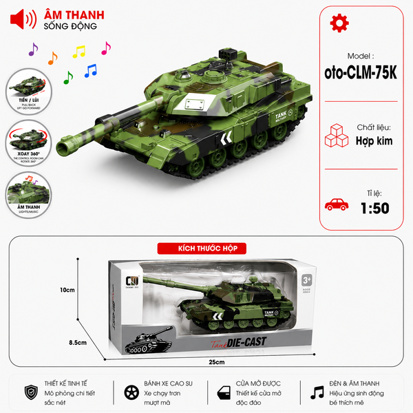 Xe tăng chất liệu hợp kim , tỉ lệ 1:50 - Màu Xanh  . SKU : oto-CLM-75K ( VAT : 103-06-70 ) - K14-T2-S1