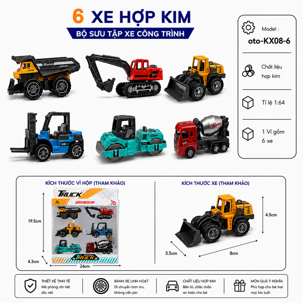 Bộ 6 Xe Công Trình chất liệu hợp kim , tỉ lệ 1: 64 - SKU : oto-KX08-6 ( VAT : 103-C6-70 ) - K154-T2-S1