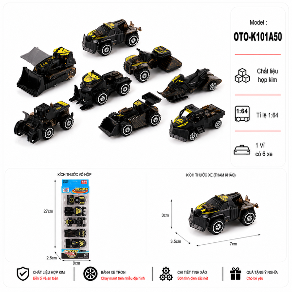 Vỉ 6 xe chất liệu hợp kim , tỉ lệ 1:64 - SKU : oto-K101A50 ( VAT : 103-C01-C6-40 ) - K14-T1-S6