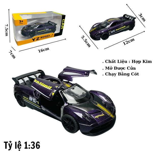 Mô Hình xe pagani huayra tím có họa tiết tỉ lệ 1:36 Hợp kim có thể mở cửa - bánh sau chạy cót - Dài 12cm - rộng 5.5cm - cao 3cm nặng : 200gram - FULL BOX : box màu SKU : oto193