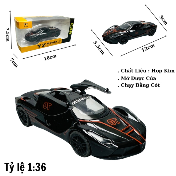 Mô Hình xe ferrari đen có họa tiết tỉ lệ 1:36 Hợp kim có thể mở cửa - bánh sau chạy cót - Dài 12cm - rộng 5.5cm - cao 3cm nặng : 200gram - FULL BOX : box màu SKU : oto197