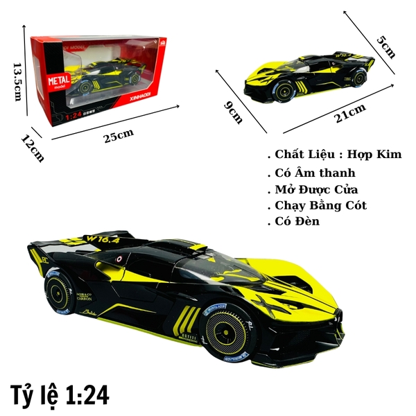 Mô Hình Xe bugati màu vàng đen 1:24 Hợp kim - Có tiếng - đèn pha sáng - Dài 21cm - rộng 9cm - cao 5cm - nặng ~ 800gram - FULL BOX : box màu SKU : oto222 - N3-K6-T4-S1