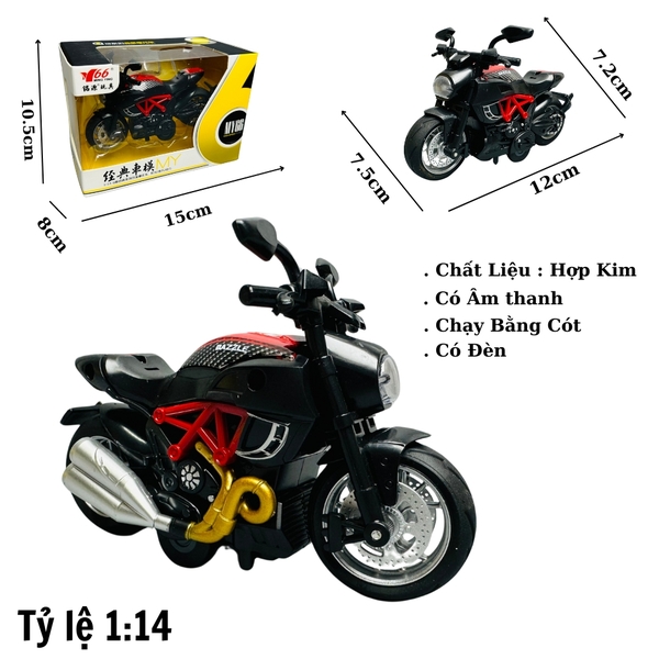 Mô Hình Xe máy DUCATI Diavel đen viền đỏ 1:14 Hợp kim - Có tiếng - đèn pha sáng - Dài 12cm - rộng 7.2cm - cao 7.5cm - nặng ~ 300gram - FULL BOX : box màu SKU : oto238 - N3-K5-T2-S4