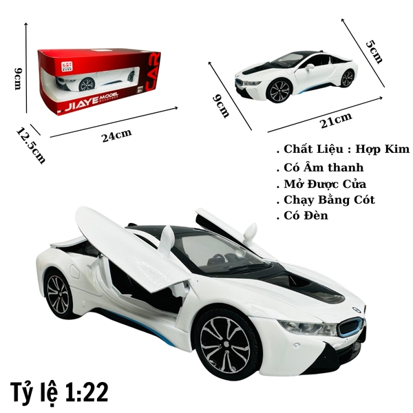 Mô Hình xe bmw i8 trắng tỉ lệ 1:22 Hợp kim có thể mở cửa - bánh sau chạy cót - Dài 21cm - rộng 9cm - cao 5cm - nặng : 800gram - FULL BOX : box màu SKU : oto292 - N3-K8-T3-S4