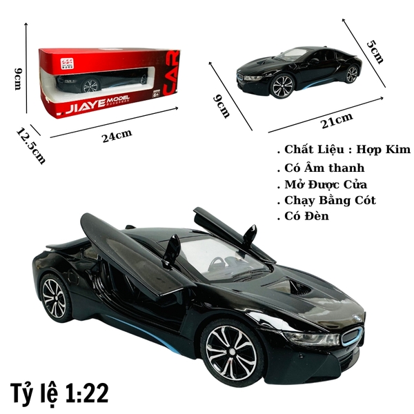 Mô Hình xe bmw i8 màu đen tỉ lệ 1:22 Hợp kim có thể mở cửa - bánh sau chạy cót - Dài 21cm - rộng 9cm - cao 5cm - nặng : 800gram - FULL BOX : box màu SKU : oto293 - N3-K8-T3-S4