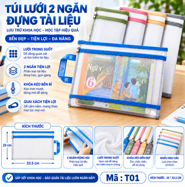 Túi lưới trong suốt đựng tài liệu khổ A4 - SKU : T01 - (VAT:  111-05-6) - K27-T1-S12