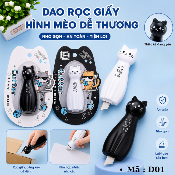 Dao rọc giấy mini hình chú mèo dễ thương - SKU : D01 - (VAT: 111-04-4) - K27-T2-S7