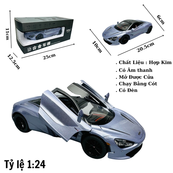 Mô Hình Xe Mclaren xám 1.24 Hợp kim có thể mở cửa - bánh sau chạy cót - Có tiếng - đèn pha sáng - Dài 20.5cm - rộng 10cm - cao 6cm - nặng ~ 1000gram - FULL BOX : box màu SKU : oto169