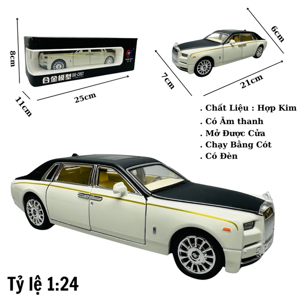 Mô Hình Xe Roll royce trắng đen 1.24 Hợp kim có thể mở cửa - bánh sau chạy cót - Có tiếng - đèn pha sáng - Dài 21cm - rộng 7cm - cao 6cm - nặng ~ 1000gram - FULL BOX : box màu SKU : oto175