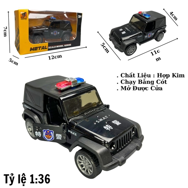 Mô Hình xe JEEP Police màu đen - tỉ lệ 1:36 Hợp kim có thể mở cửa - bánh sau chạy cót - Dài 11cm - rộng 5cm - cao 4cm - nặng : 200gram - FULL BOX : box màu