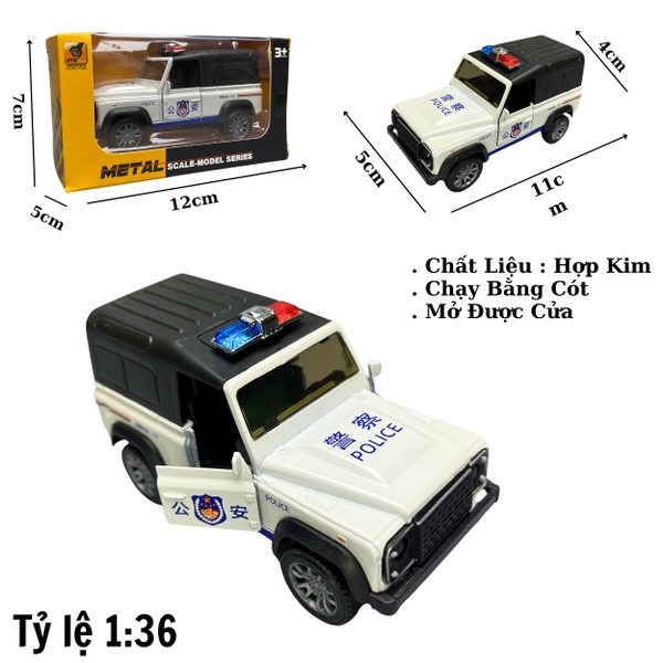 Mô Hình xe JEEP thùng Police màu trắng - tỉ lệ 1:36 Hợp kim có thể mở cửa - bánh sau chạy cót - Dài 11cm - rộng 5cm - cao 4cm - nặng : 200gram - FULL BOX : box màu