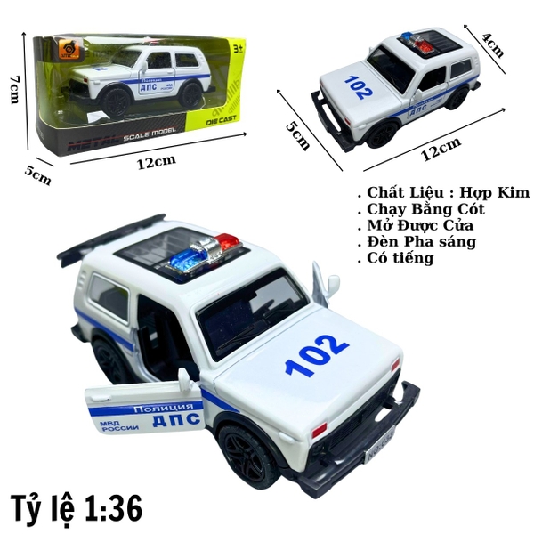 Mô Hình xe oto Police 102 màu trắng  - tỉ lệ 1:36 Hợp kim có thể mở cửa - bánh sau chạy cót - Có tiếng - đèn pha sáng - Dài 12cm - rộng 5cm - cao 4cm - nặng : 200gram - FULL BOX : box màu