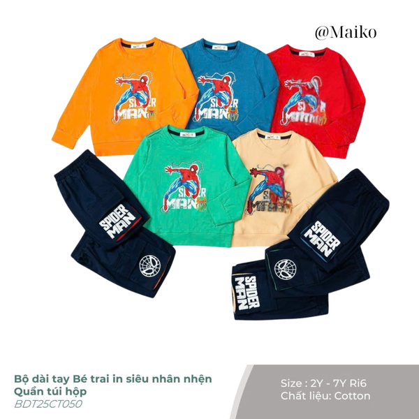 Bộ dài tay cotton Bé trai in siêu nhân nhện túi hộp 2-7 Tuổi