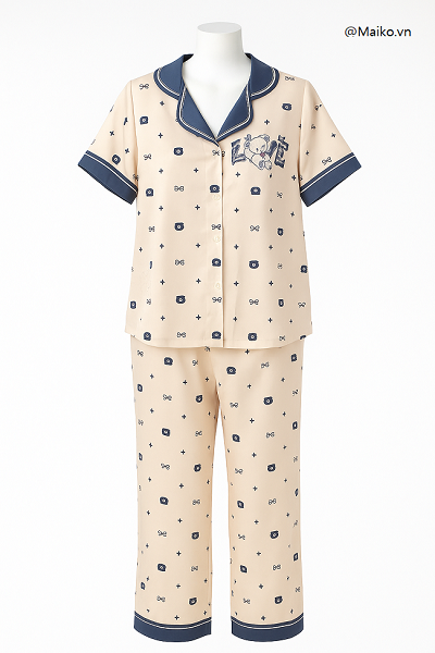 Bộ lụa Satin pijama quần dài áo cộc hoạ tiết cao cấp