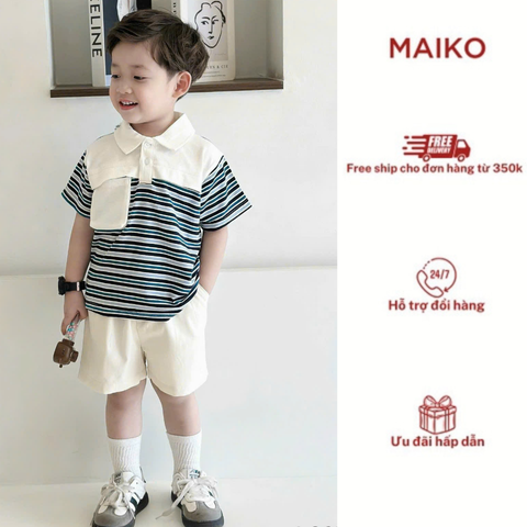 Set Bộ cộc tay Polo kẻ túi hộp Bé Trai LC25B017