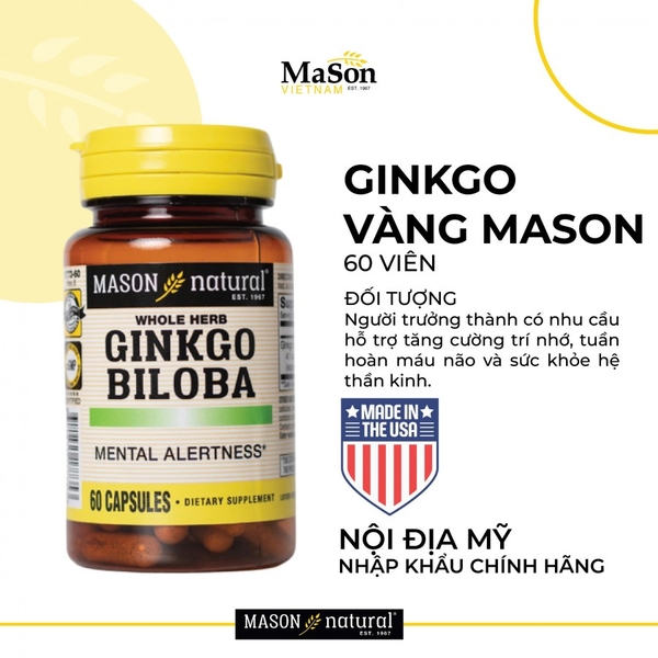 Viên uống Mason Ginkgo Biloba, hỗ trợ tăng cường tuần hoàn não, cải thiên trí nhớ (60 viên)