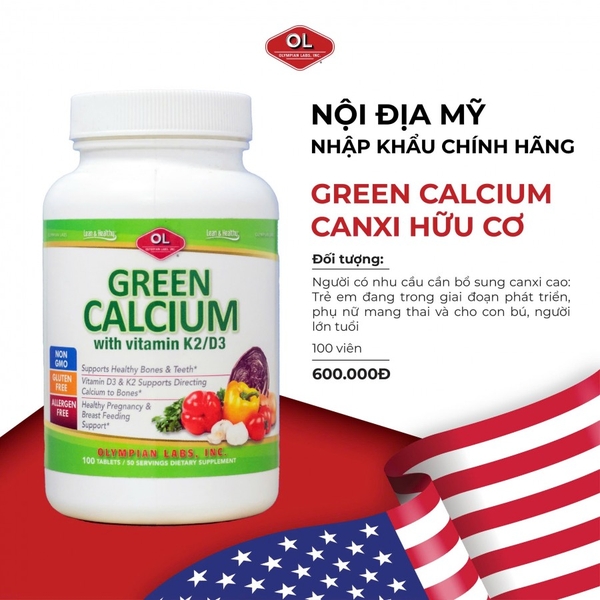 Viên uống Green Calcium D3 K2 bổ sung canxi giúp xương, răng chắc khỏe (100 viên)