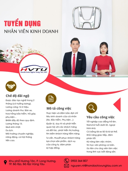 Tuyển Dụng Nhân Viên Kinh Doanh | Honda Ôtô Bà Rịa Vũng Tàu - Bà Rịa