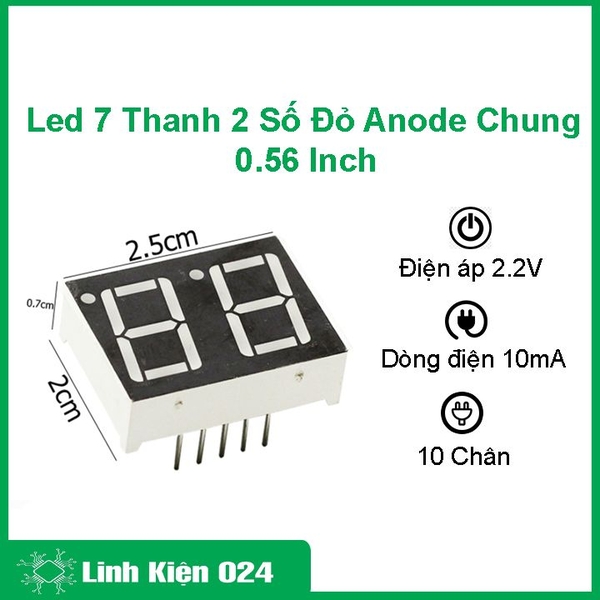 Bộ 5 Led 7 Thanh 2 Số Đỏ Anode Chung 0.56 Inch