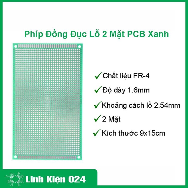 Phíp Đồng Đục Lỗ 2 Mặt PCB Xanh Dày 1.6mm - 9x15cm