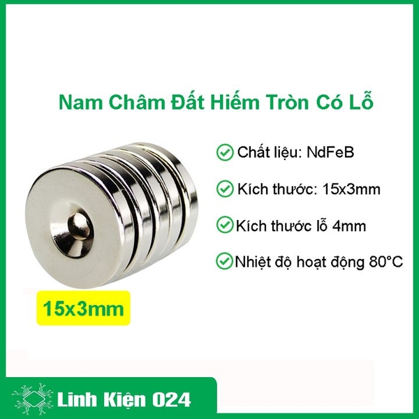 Bộ 5 Viên Nam Châm Đất Hiếm Tròn 15x3mm Có Lỗ 4mm Siêu Từ Tính