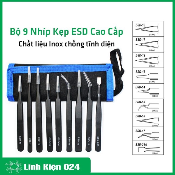 Bộ 9 Nhíp Kẹp ESD Inox Chống Tĩnh Điện Cao Cấp