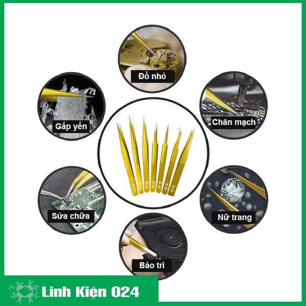 Nhíp JS Thép Không Gỉ Mạ Vàng Đa Năng Gắp Linh Kiện, Nhặt Lông Yến, Làm Nail Siêu Cứng Cao Cấp