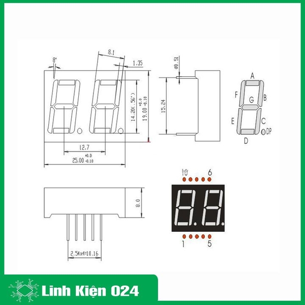 Bộ 5 Led 7 Thanh 2 Số Đỏ Anode Chung 0.56 Inch