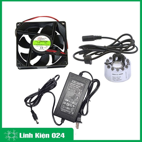 Combo động cơ phun sương hb20 zin 16w có đèn và nguồn 24v-2a Tặng quạt tản nhiệt 8x8x2,5cm 24v