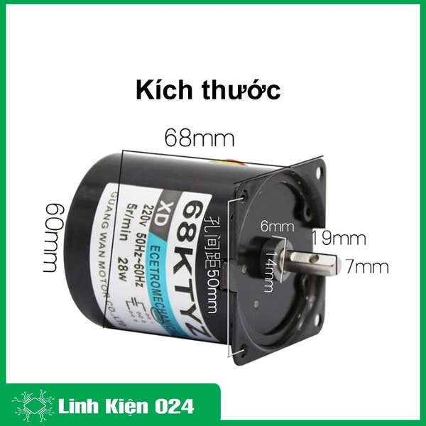 ĐỘNG CƠ GIẢM TỐC 220VAC 28W 68KTYZ TRỤC 7MM