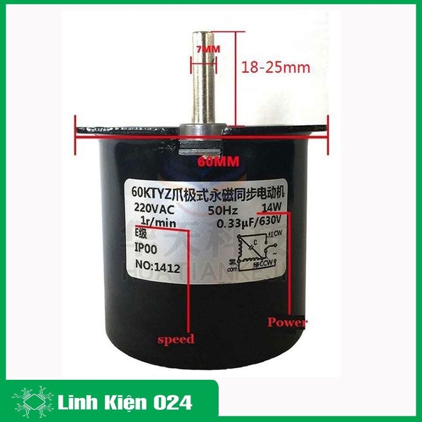 ĐỘNG CƠ GIẢM TỐC 220VAC 60KTYZ TRỤC 7MM