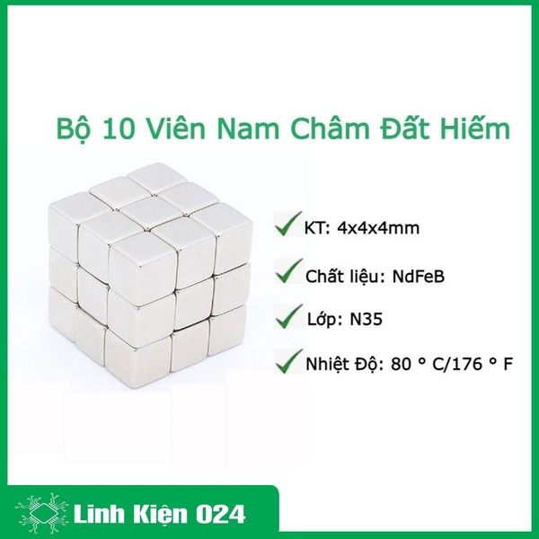 Bộ 10 Viên Nam Châm Đất Hiếm Vuông 4x4x4mm Siêu Từ Tính