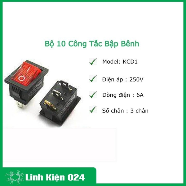 Bộ 10 Công Tắc Bập Bênh KCD1 250VAC-6A Có Đèn