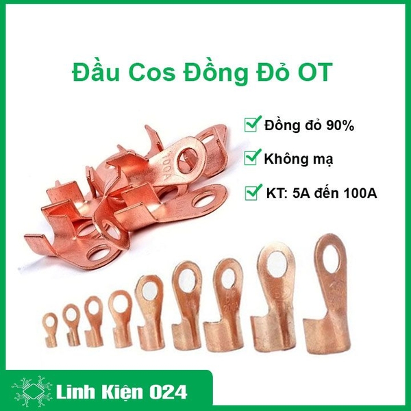 Đầu Cos Dây Điện Đồng Đỏ OT 5A-100A, Đầu Cốt Bấm Dây Điện, Cos Xe Nối Bình Acquy Xe Đạp, Xe Máy, Loa Âm Thanh