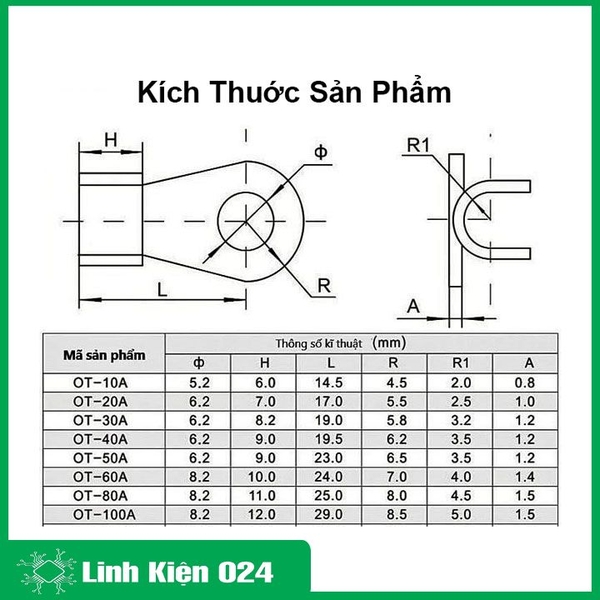 Đầu Cos Dây Điện Đồng Đỏ OT 5A-100A, Đầu Cốt Bấm Dây Điện, Cos Xe Nối Bình Acquy Xe Đạp, Xe Máy, Loa Âm Thanh