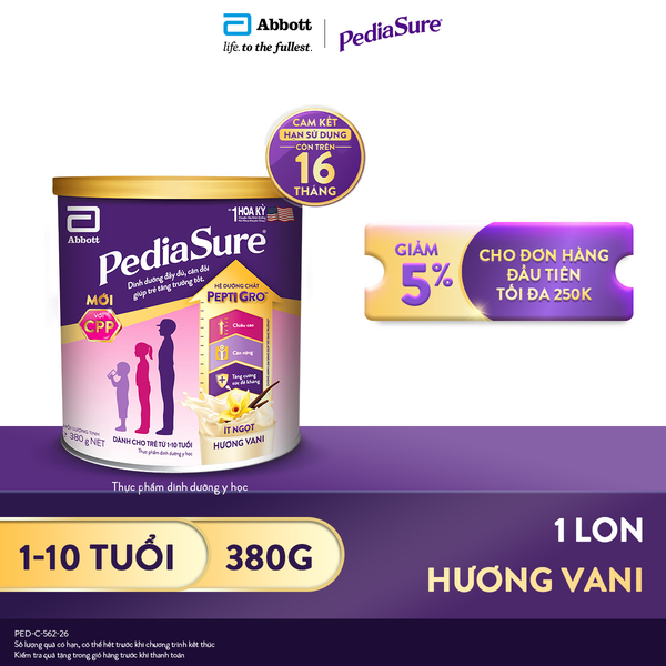 Sữa Bột PediaSure Abbott Hương Vani Ít Ngọt từ 1 - 10 tuổi 380g