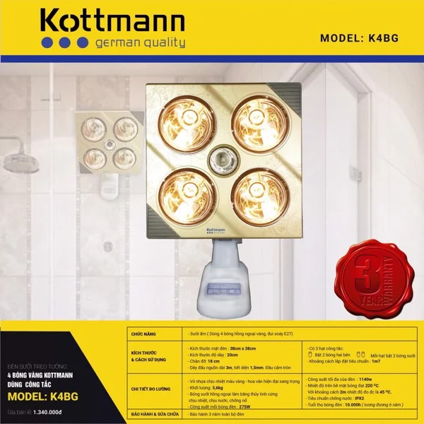11TGD860 K4BG - KOTTMANN 4 bóng vàng, công tắc. Công suất 1140w. Bảo hành 3 năm