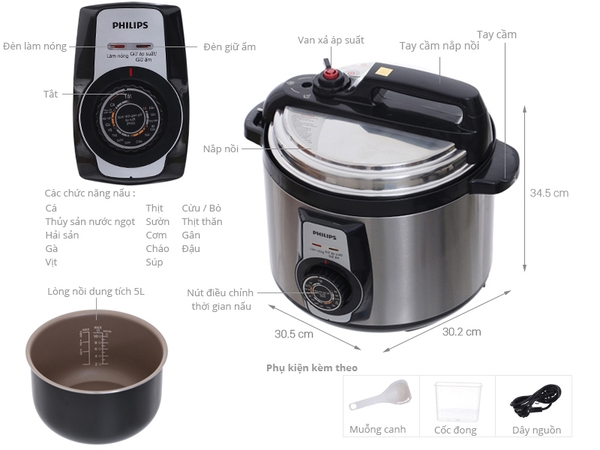 1TGD1220 Nồi áp suất điện cơ Philips HD2103 (HD-2103) - 5.0 lít
