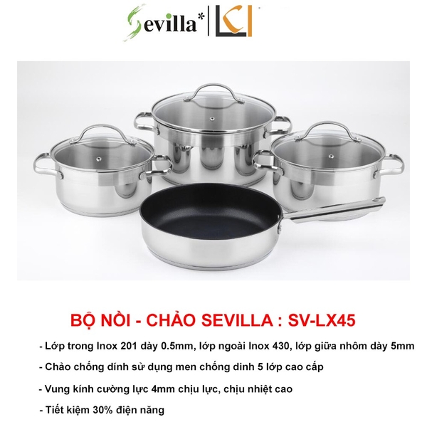 1,350k - Bộ Nồi - Chảo Sevilla SV-LX45 (3 Nồi + 1 Chảo), Inox 304 Cao Cấp