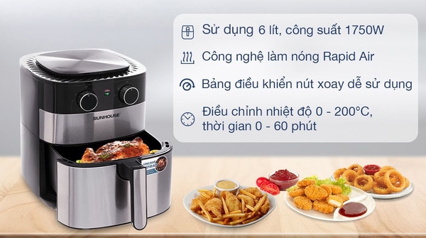 giá giảm SỐC: 1,300k - Nồi chiên không dầu 6.0L Sunhouse SHD4026