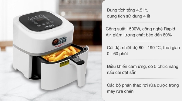 giá giảm SỐC: 1,750k - Nồi chiên không dầu 4.5L Sunhouse Mama SHD4086W Trắng