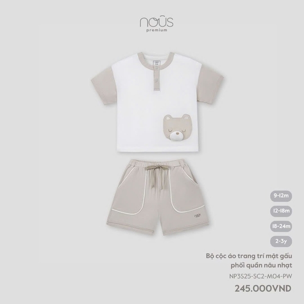 Nous Bộ cộc áo trang trí mặt gấu phối quần nâu nhạt 9,12,18M,2Y