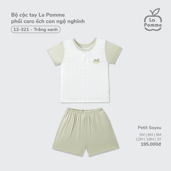 Bộ cộc tay La Pomme phối caro ếch con ngộ nghĩnh Trắng xanh (3M,6M,9M,12M,18M,3Y)