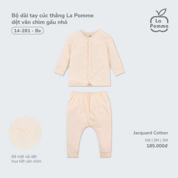 Bộ dài tay cúc thẳng La Pomme dệt vân chìm gấu nhỏ - Newborn,0M,3M Be