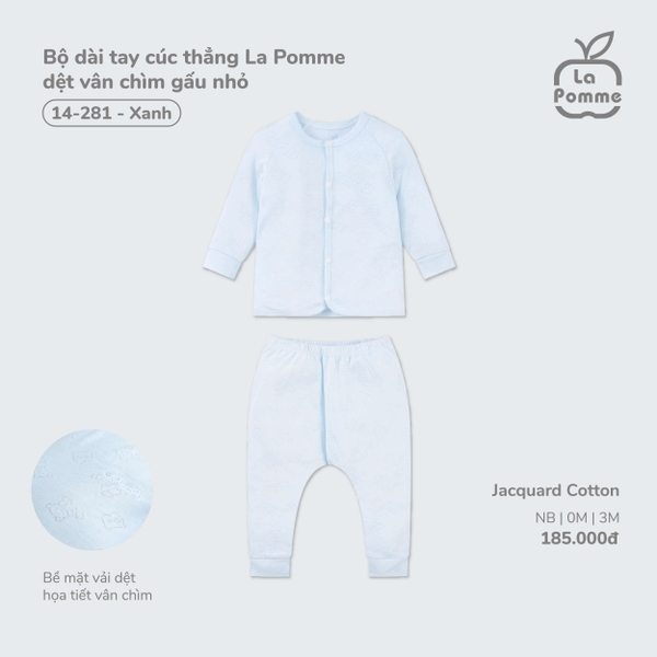 Bộ dài tay cúc thẳng La Pomme dệt vân chìm gấu nhỏ - Newborn,0M,3M Xanh