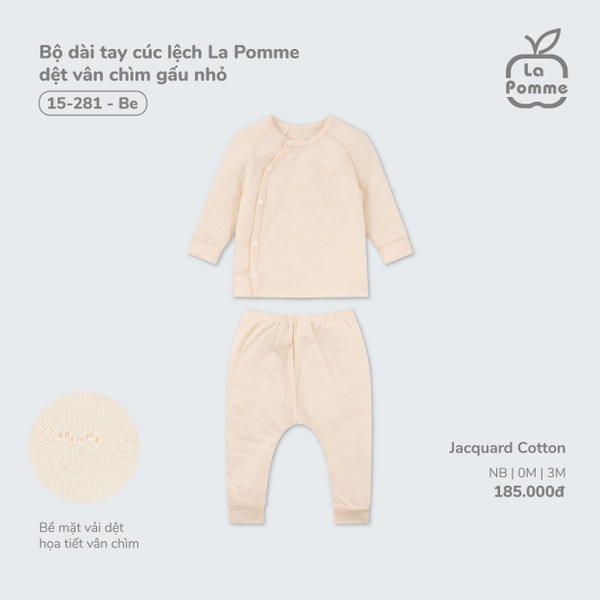 Bộ dài tay cúc lệch La Pomme dệt vân chìm gấu nhỏ - Newborn,0M,3M Be