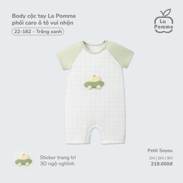Body cộc tay La Pomme phối caro ô tô vui nhộn Trắng Xanh (3M,6M,9M)